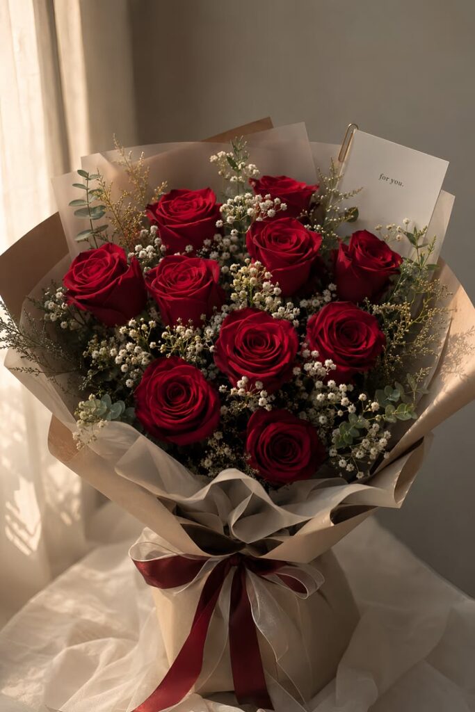 Buquê com 10 rosas vermelhas e cartão personalizado